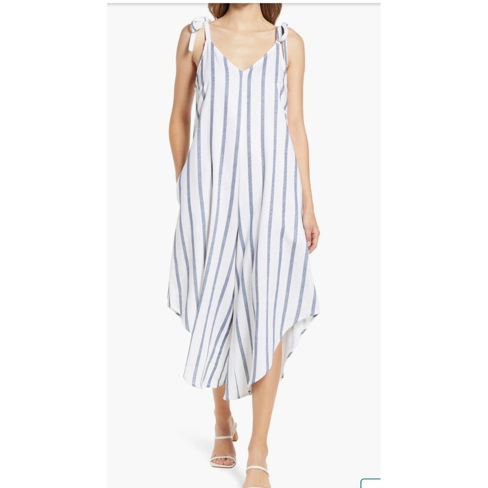Vince Camuto Womens Blue White Striped Linen Blend Tie Strap Jumpsuit Small‎